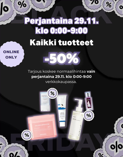 Perjantaina 29.11. klo 00-9 kaikki -50%