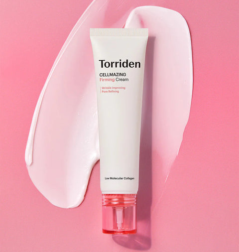 Torriden Cellmazing Firming Cream against pink background and texture sample